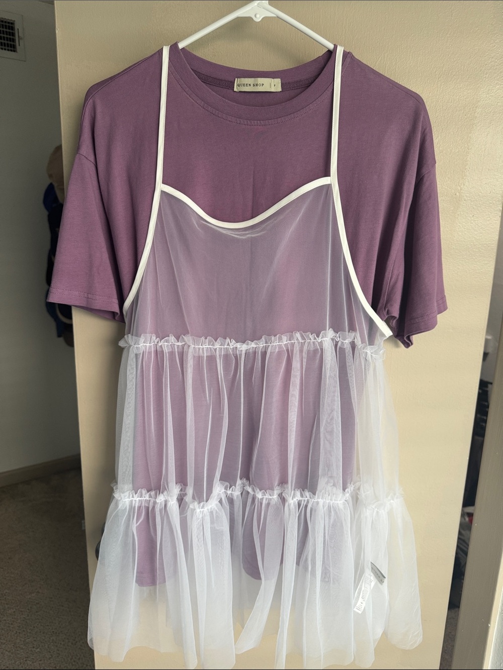 Purple Tee with White Sheer Tulle Overlay